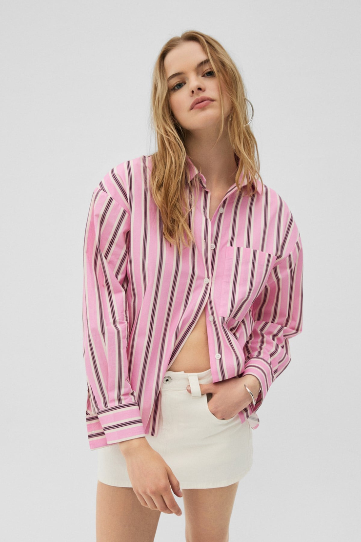 MIREL Kadın Oversize Fit %100 Organik Pamuklu Pembe Çizgili Gömlek