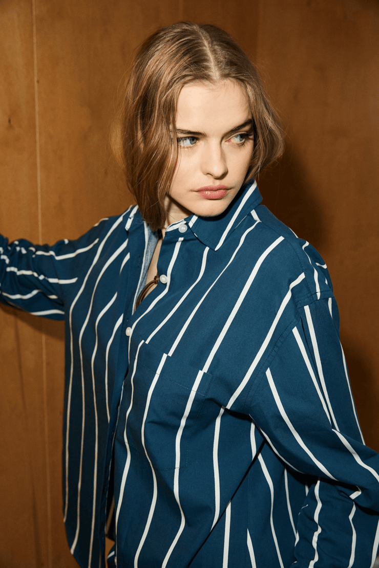 MIREL Kadın Oversize Fit %100 Organik Pamuklu Lacivert-Çizgili Gömlek