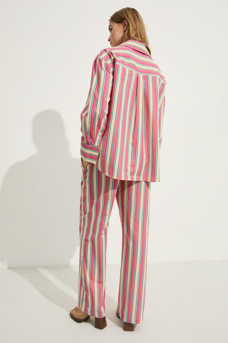 MIREL Kadın Oversize Fit %100 Organik Pamuklu Pembe Çizgili Gömlek