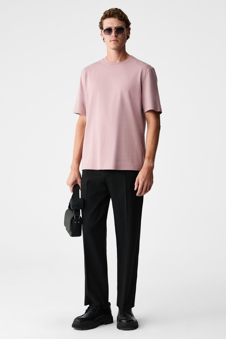 MOCASSIN Erkek %100 Pamuk Baskılı Relaxed Fit Yuvarlak Yaka Kısa Kollu Koyu Pembe T-Shirt