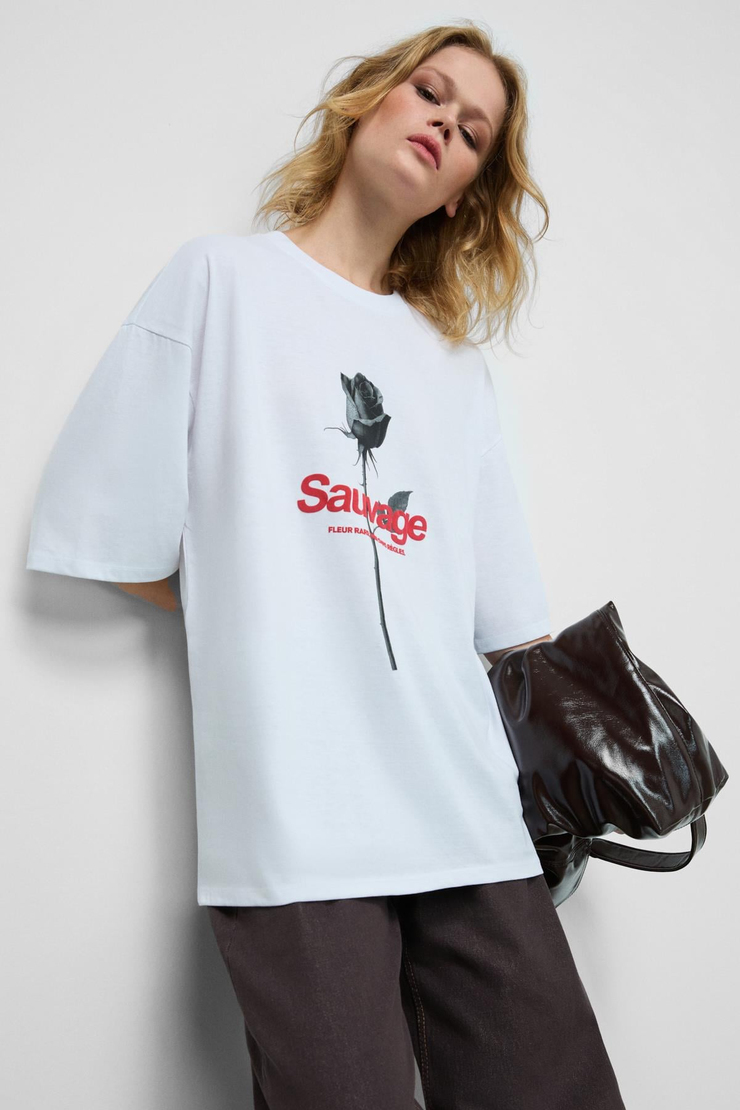 MOKILA Kadın Yumuşak Ve Esnek Kumaşlı Baskı Detaylı Bisiklet Yakalı Beyaz T-Shirt