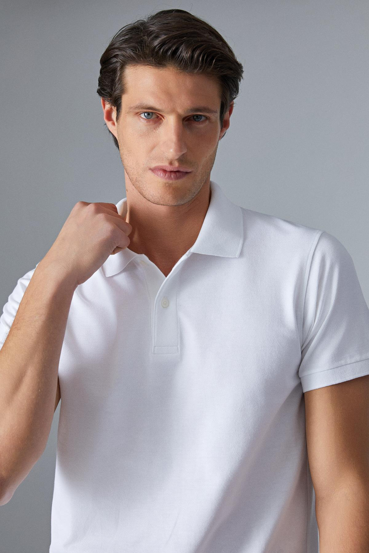 MONAGHAN Erkek Polo Yaka Relaxed Fit Patlı Düğmeli Kısa Kollu Beyaz T-Shirt