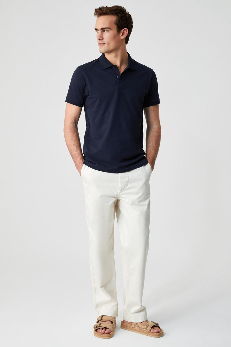MONAGHAN Erkek Polo Yaka Relaxed Fit Patlı Düğmeli Kısa Kollu Lacivert T-Shirt