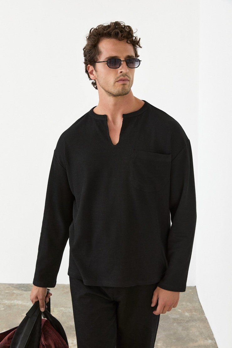 MONTA Erkek Yıkamalı V Yaka Siyah Sweatshirt