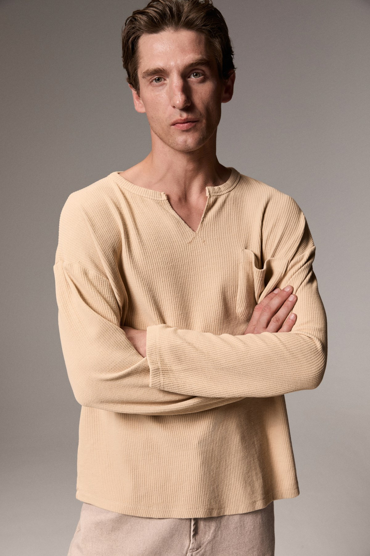 MONTA Erkek Yıkamalı V Yaka Vizon - Bej Sweatshirt