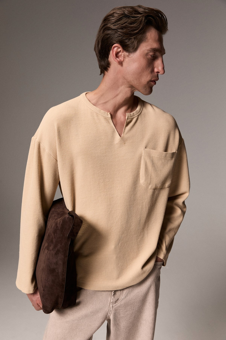 MONTA Erkek Yıkamalı V Yaka Vizon - Bej Sweatshirt