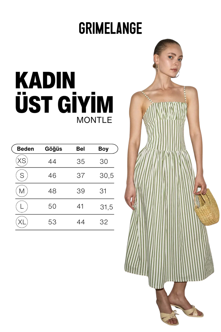 MONTLE Kadın %100 Organik Pamuklu Askılı Yakalı Bele Oturan Yeşil- Çizgili Elbise