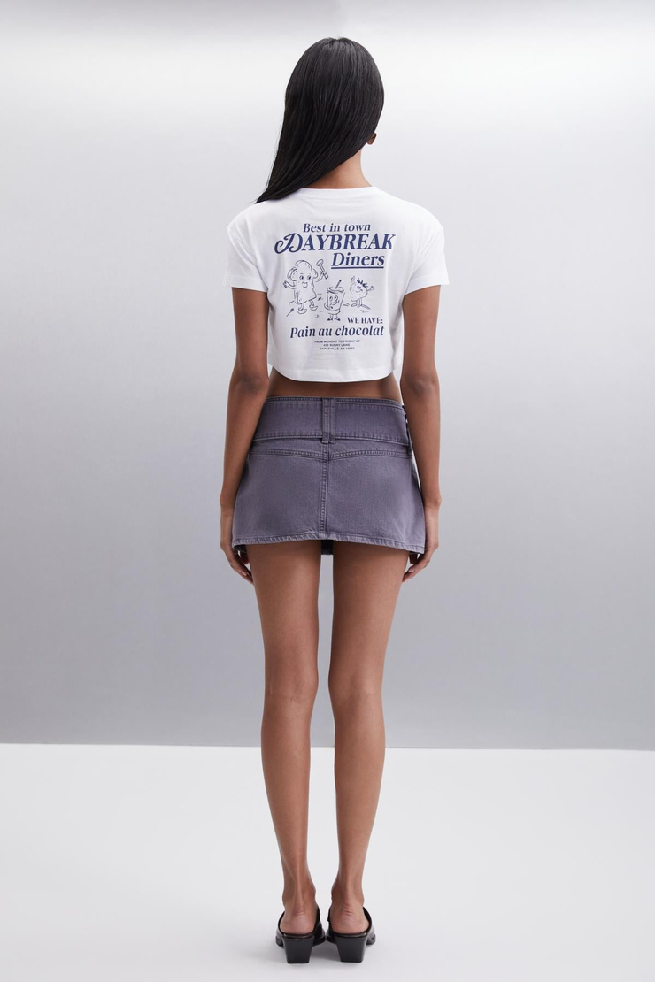MORAN  Crop Beyaz - Lacivert Baskılı Tekli T-Shirt