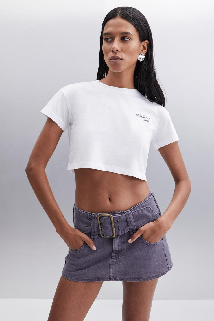 MORAN  Crop Beyaz - Lacivert Baskılı Tekli T-Shirt