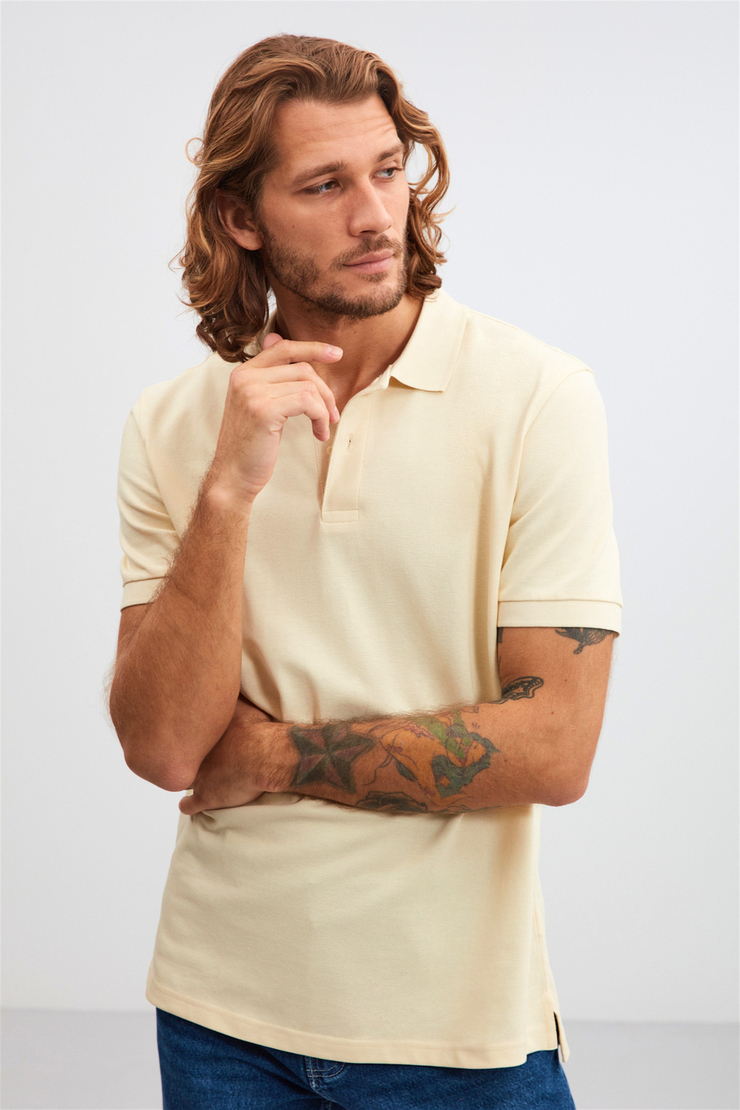 MORGAN Sarı Erkek Düz Renk Polo Yaka Kısa Kollu    Regular Fit Polo Yaka T-shirt