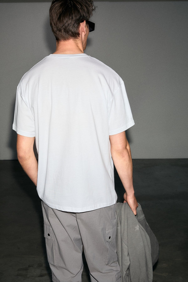 MORGES Erkek %100 Organik Pamuklu Yuvarlak Yakalı Silikon Baskı Detaylı Regular Beyaz T-Shirt
