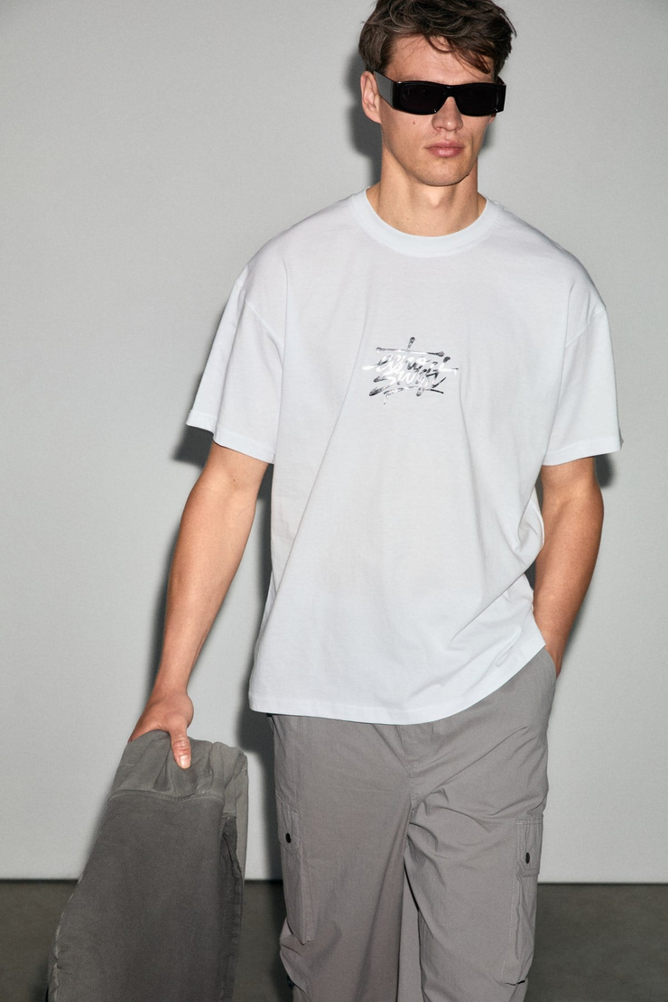 MORGES Erkek %100 Organik Pamuklu Yuvarlak Yakalı Silikon Baskı Detaylı Regular Beyaz T-Shirt