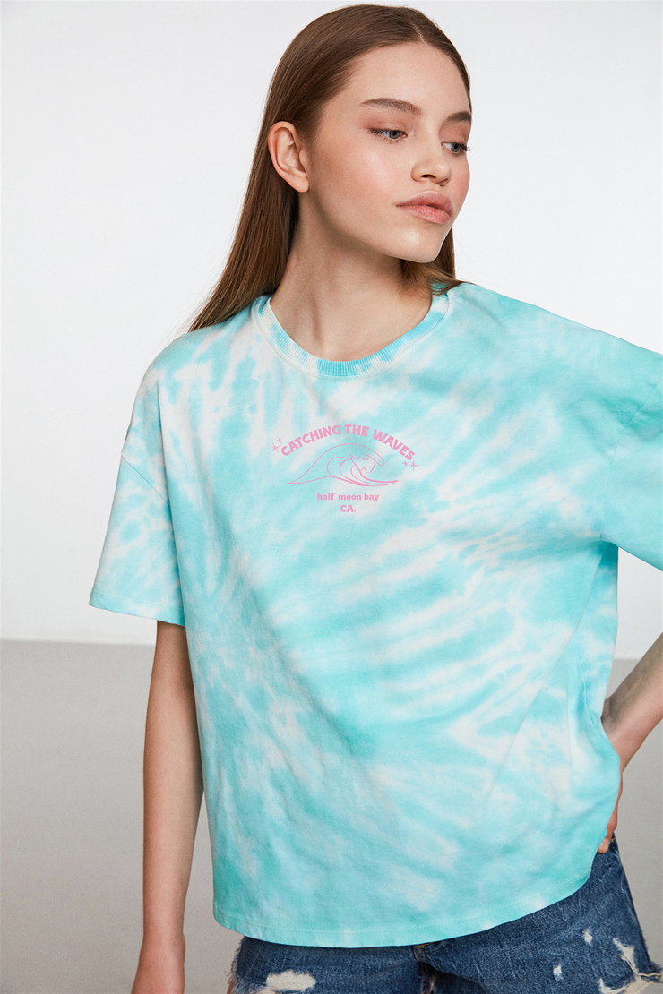 MOROCCO Mavi Kadın Baskılı Yuvarlak Yaka     Oversıze T-Shirt