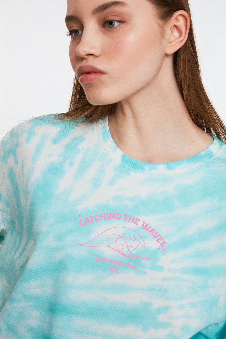 MOROCCO Mavi Kadın Baskılı Yuvarlak Yaka     Oversıze T-Shirt