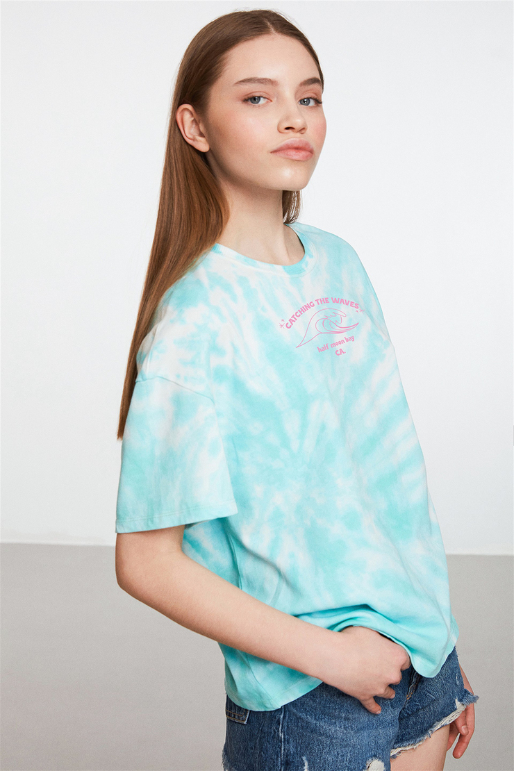 MOROCCO Mavi Kadın Baskılı Yuvarlak Yaka     Oversıze T-Shirt