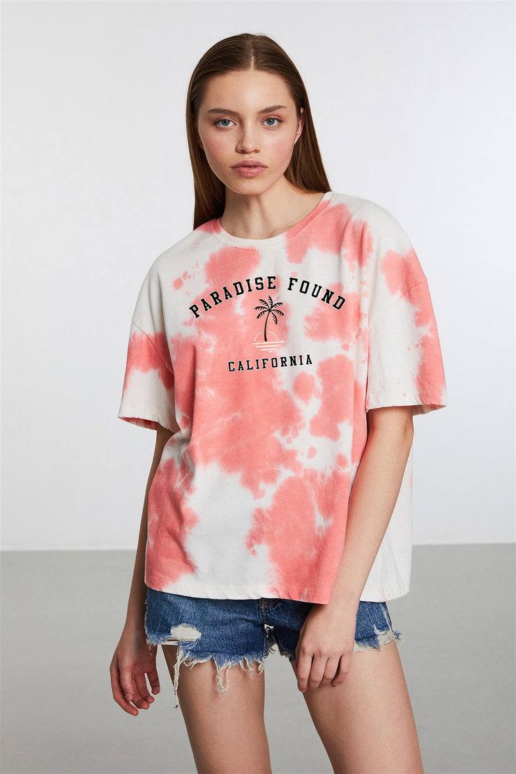 MOROCCO Nar Çiçeği Kadın Baskılı Yuvarlak Yaka     Oversıze T-Shirt