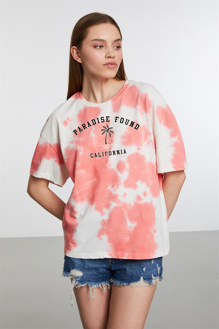 MOROCCO Nar Çiçeği Kadın Baskılı Yuvarlak Yaka     Oversıze T-Shirt