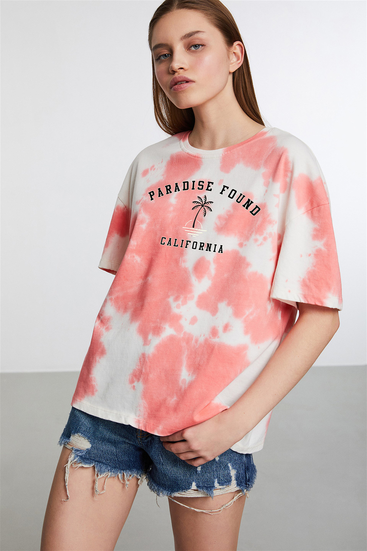MOROCCO Nar Çiçeği Kadın Baskılı Yuvarlak Yaka     Oversıze T-Shirt