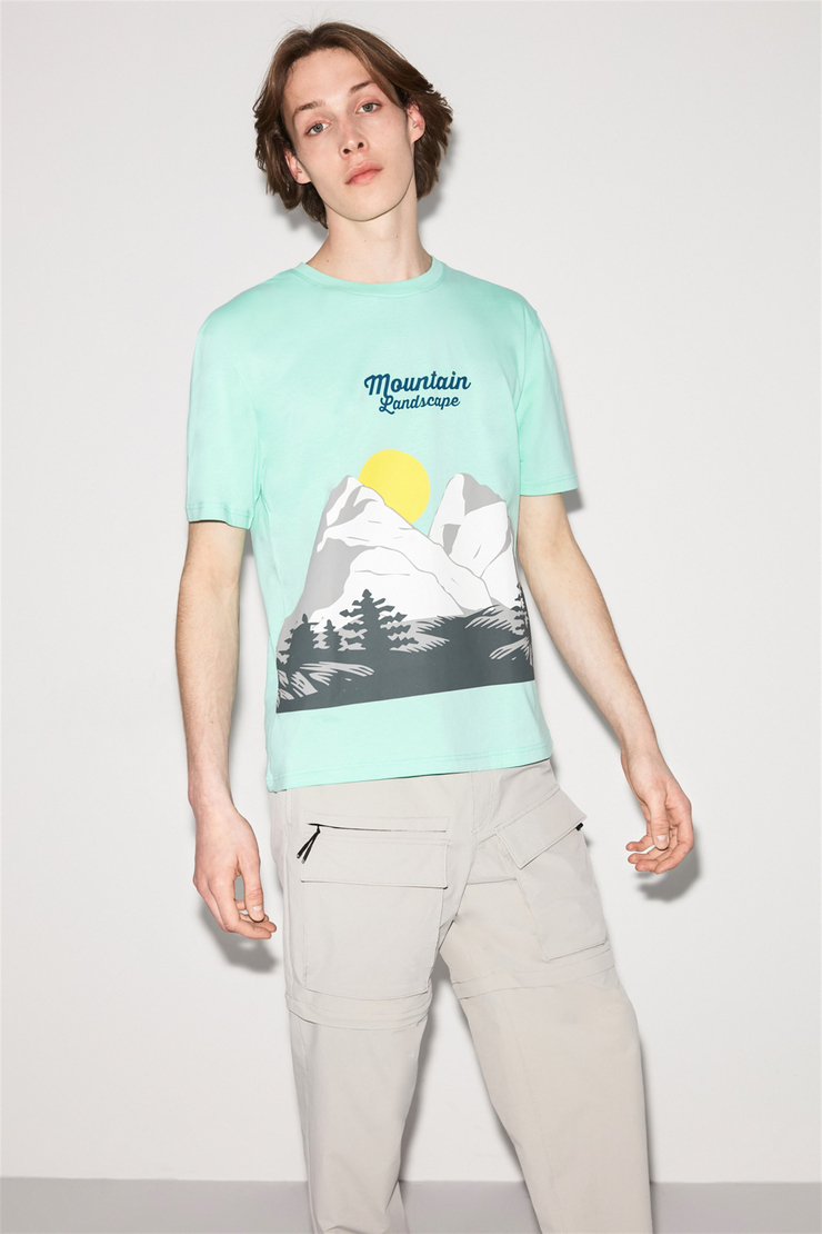 MOUNTAIN Erkek Yeşil Baskılı Yuvarlak Yaka Regular Fit T-Shirt