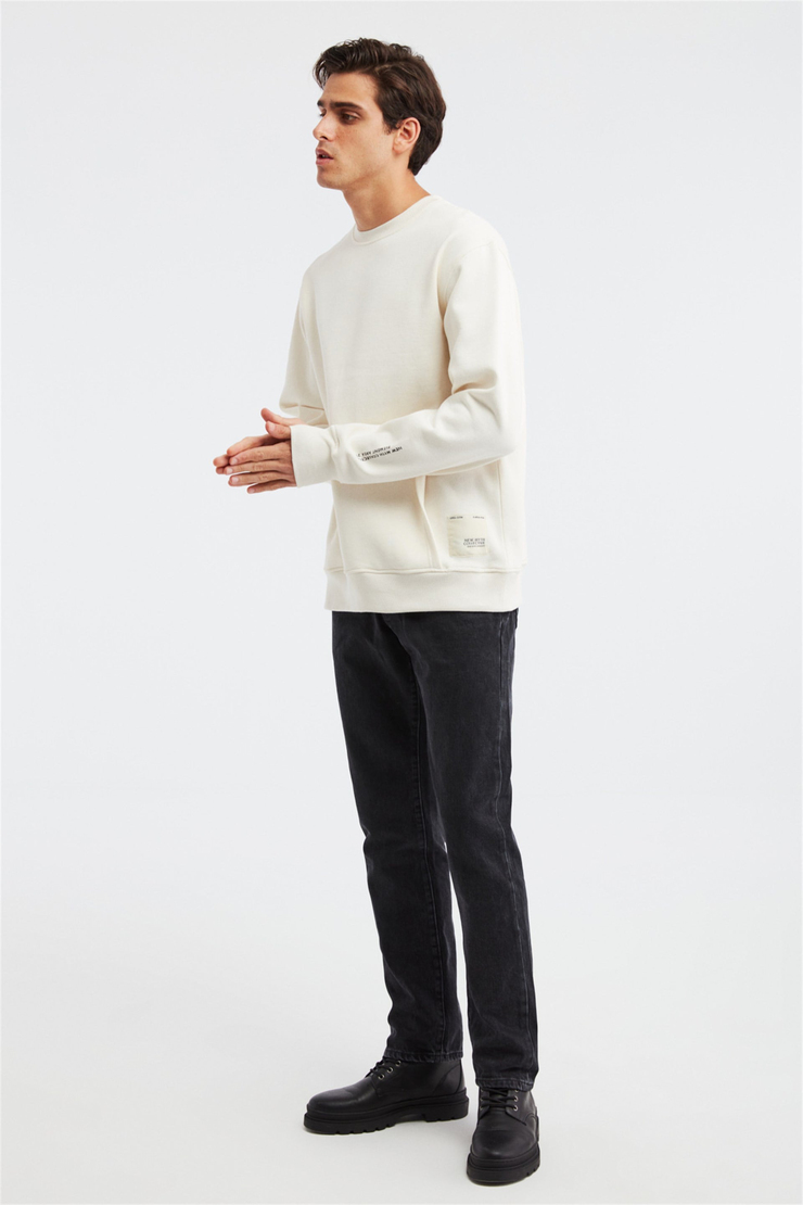 NAIVE Erkek Ekru Baskılı Yuvarlak Yaka Comfort Fit Sweatshirt