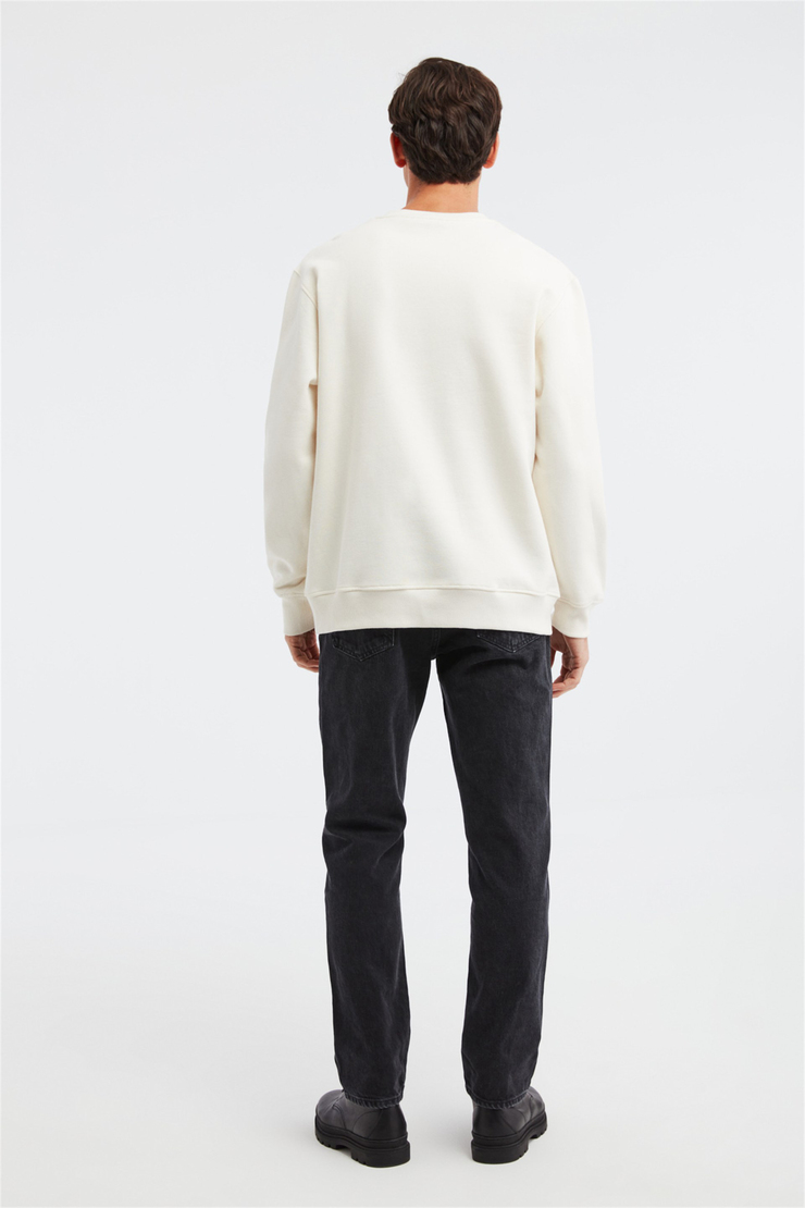 NAIVE Erkek Ekru Baskılı Yuvarlak Yaka Comfort Fit Sweatshirt