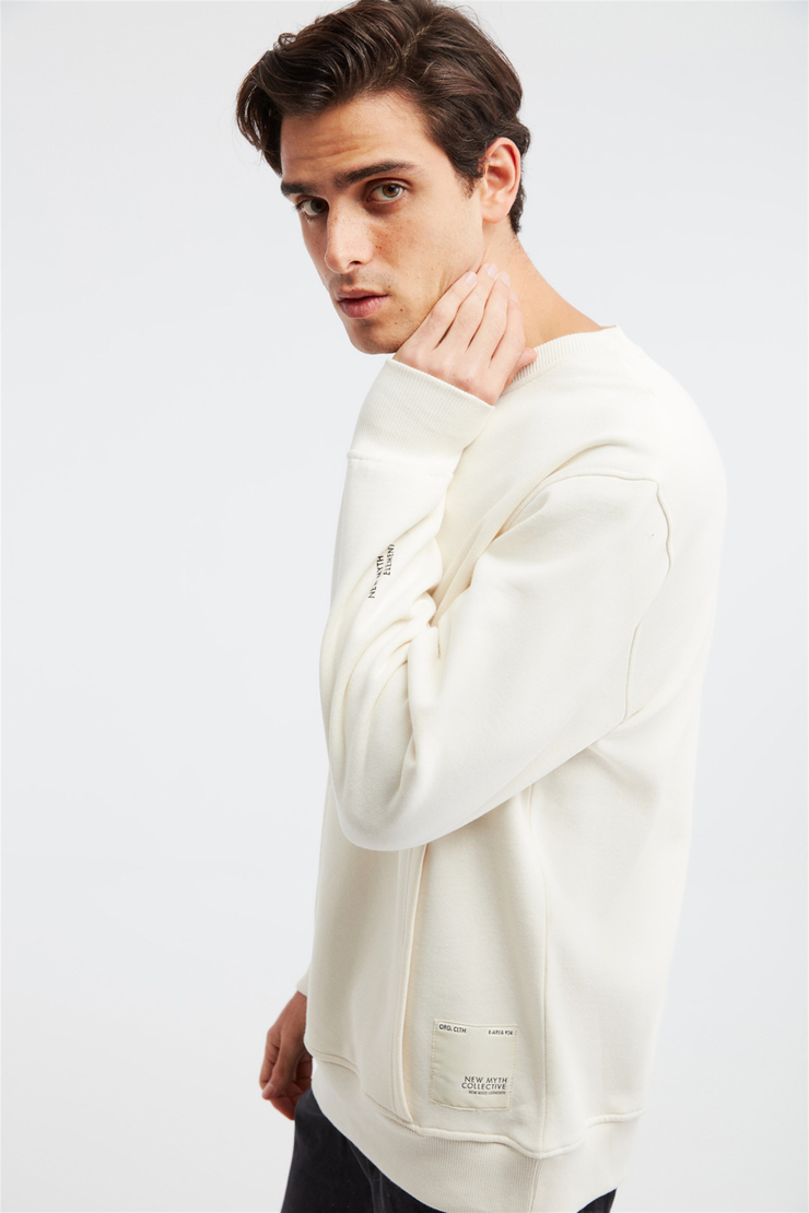 NAIVE Erkek Ekru Baskılı Yuvarlak Yaka Comfort Fit Sweatshirt