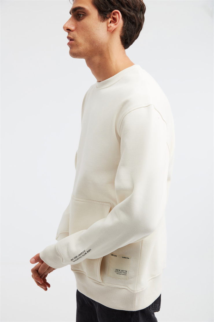 NAIVE Erkek Ekru Baskılı Yuvarlak Yaka Comfort Fit Sweatshirt