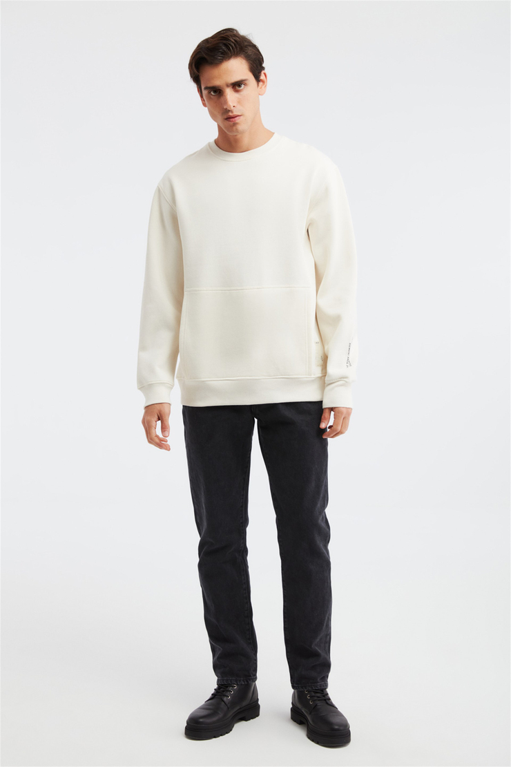 NAIVE Erkek Ekru Baskılı Yuvarlak Yaka Comfort Fit Sweatshirt