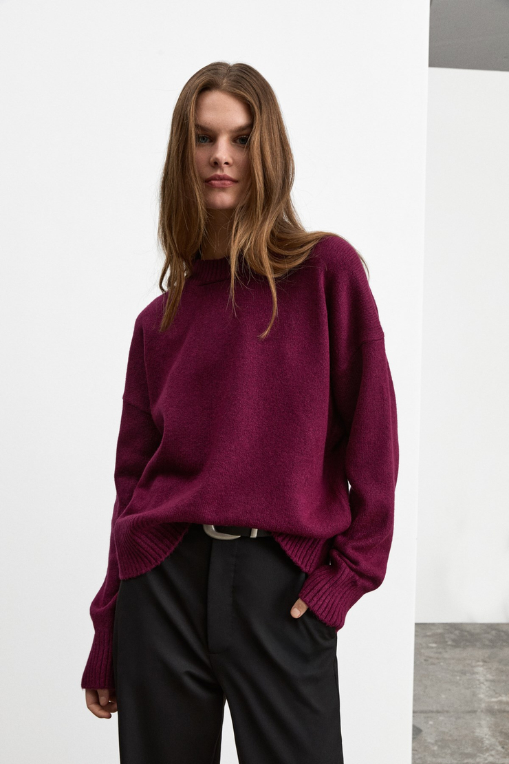 NANNA Kadın Oversize Fit Yumuşacık Kaşmir Tuşesinde Bisiklet yaka Kalın Triko Vişne Rengi Kazak