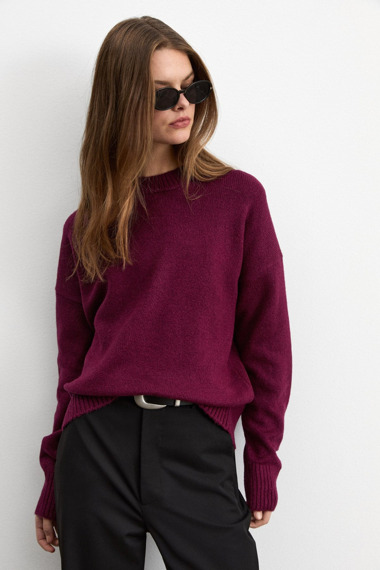 NANNA Kadın Oversize Fit Yumuşacık Kaşmir Tuşesinde Bisiklet yaka Kalın Triko Vişne Rengi Kazak