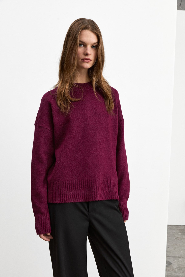 NANNA Kadın Oversize Fit Yumuşacık Kaşmir Tuşesinde Bisiklet yaka Kalın Triko Vişne Rengi Kazak