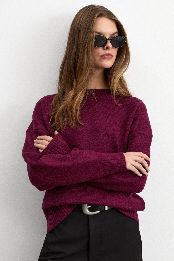 NANNA Kadın Oversize Fit Yumuşacık Kaşmir Tuşesinde Bisiklet yaka Kalın Triko Vişne Rengi Kazak