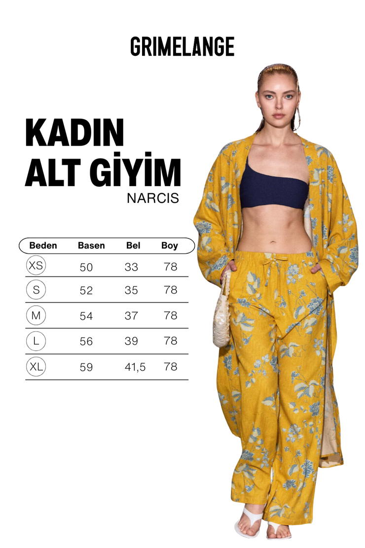 NARCIS Kadın Keten Karışımlı Beli Lastikli Rahat Kalıp Baskı Detaylı Sarı Baskılı Pantolon