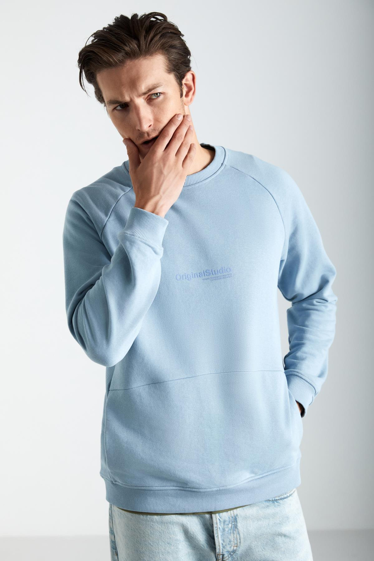 NARON Erkek Pamuk-Polyester Mavi Sweatshirt
