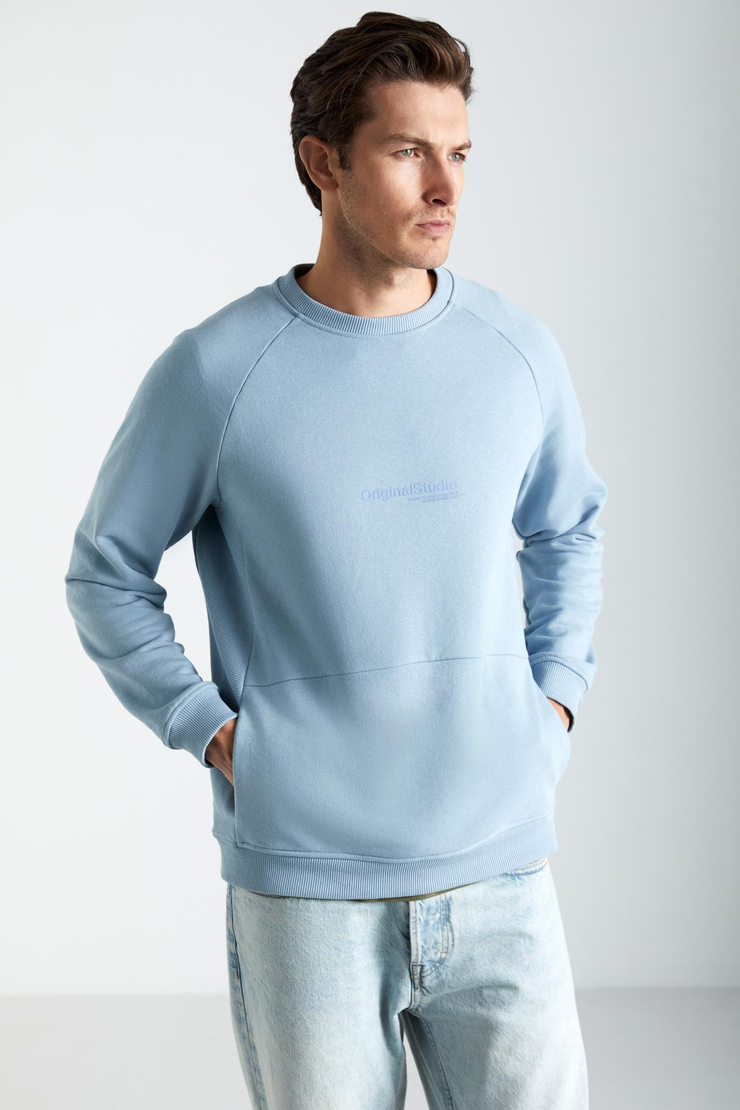 NARON Erkek Pamuk-Polyester Mavi Sweatshirt