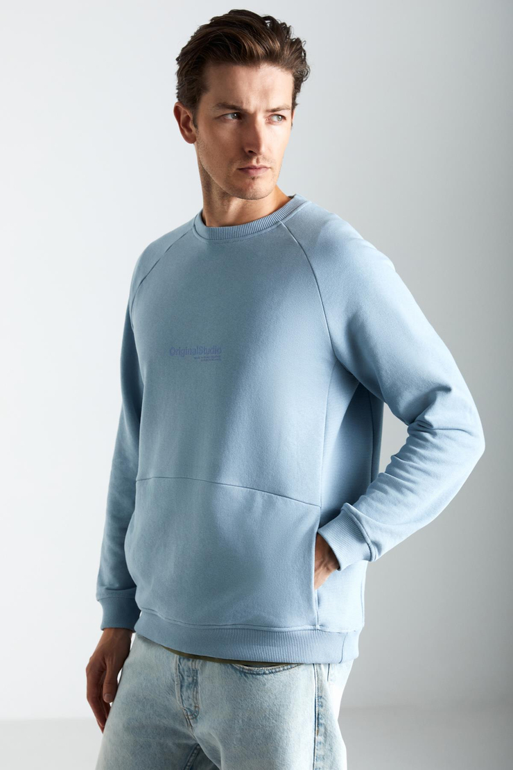 NARON Erkek Pamuk-Polyester Mavi Sweatshirt