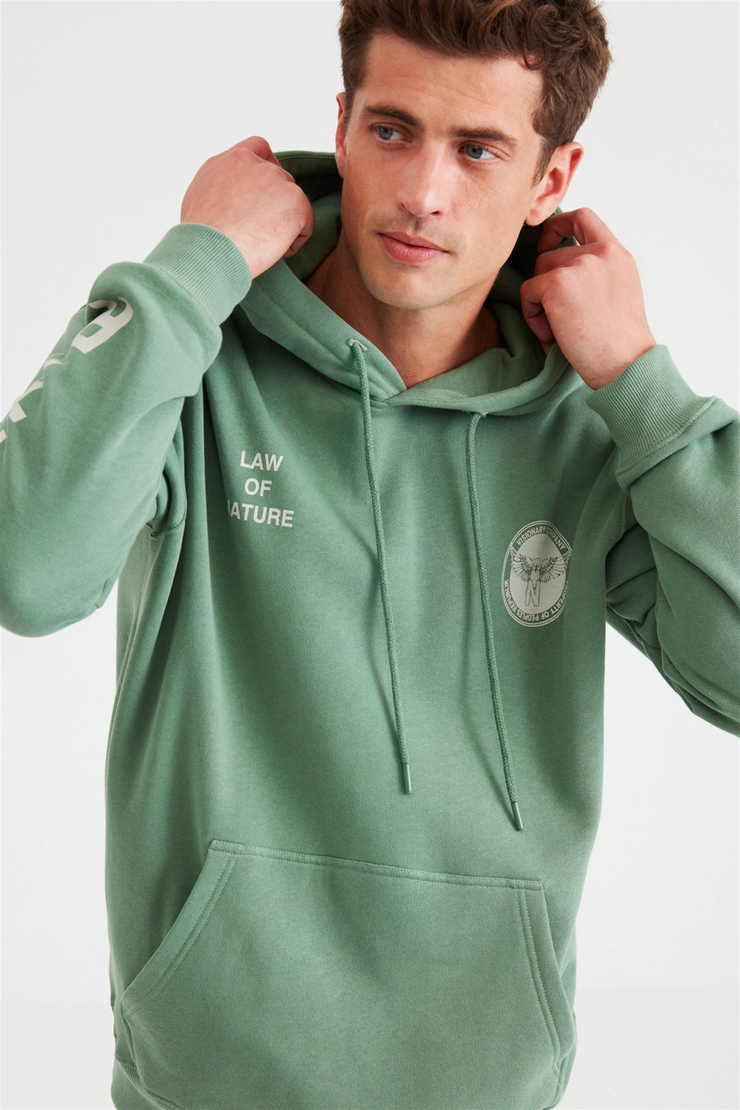 NARRATIVE Erkek Koyu Yeşil Baskılı Kapüşonlu Comfort Fit Sweatshirt