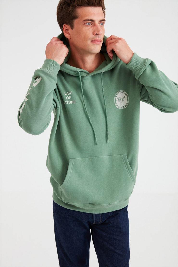 NARRATIVE Erkek Koyu Yeşil Baskılı Kapüşonlu Comfort Fit Sweatshirt