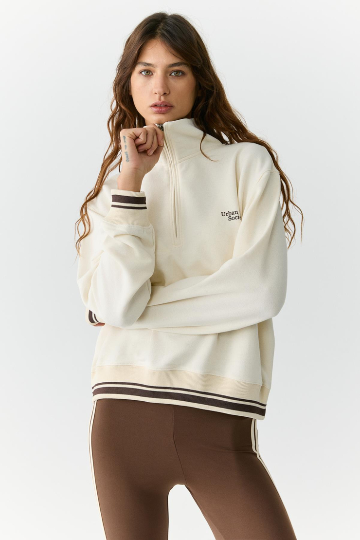 NATAN Kadın Dik Yakalı Fermuarlı Baskı Detaylı Relaxed Ekru Sweatshirt