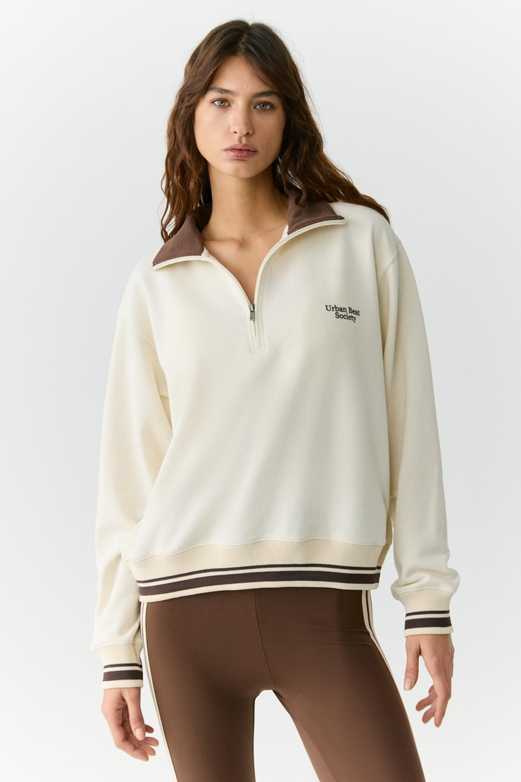 NATAN Kadın Dik Yakalı Fermuarlı Baskı Detaylı Relaxed Ekru Sweatshirt
