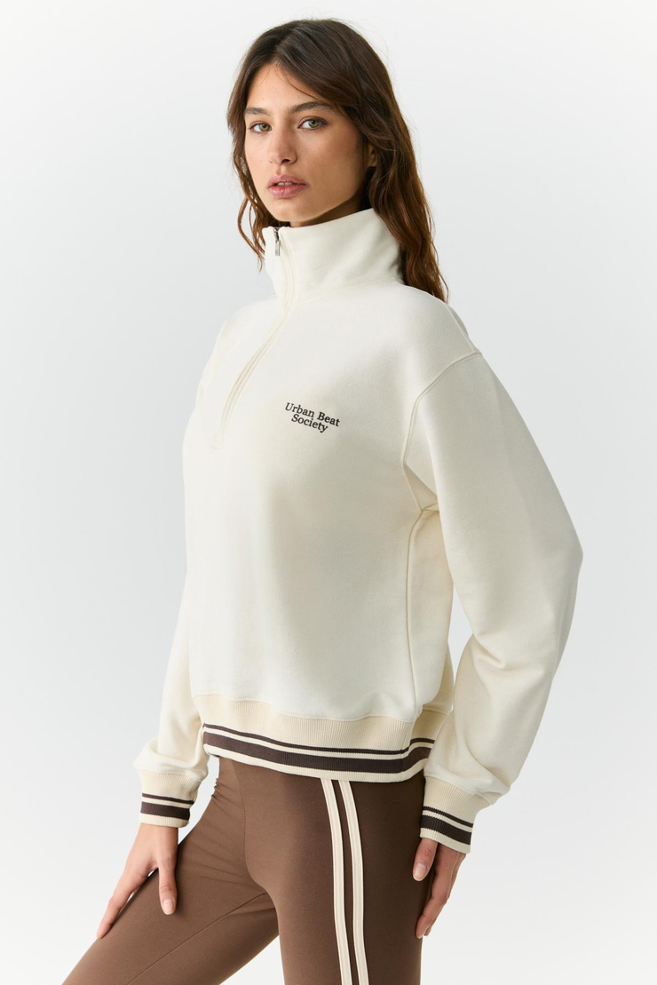 NATAN Kadın Dik Yakalı Fermuarlı Baskı Detaylı Relaxed Ekru Sweatshirt