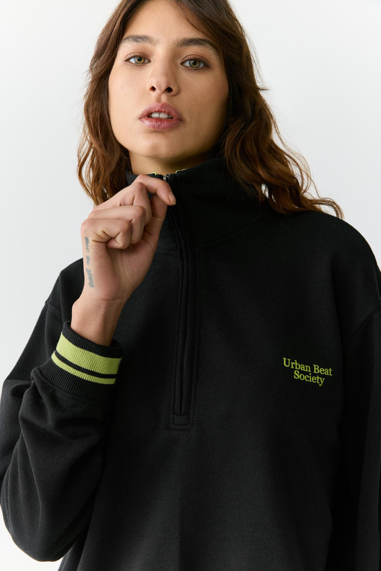 NATAN Kadın Dik Yakalı Fermuarlı Baskı Detaylı Relaxed Siyah Sweatshirt
