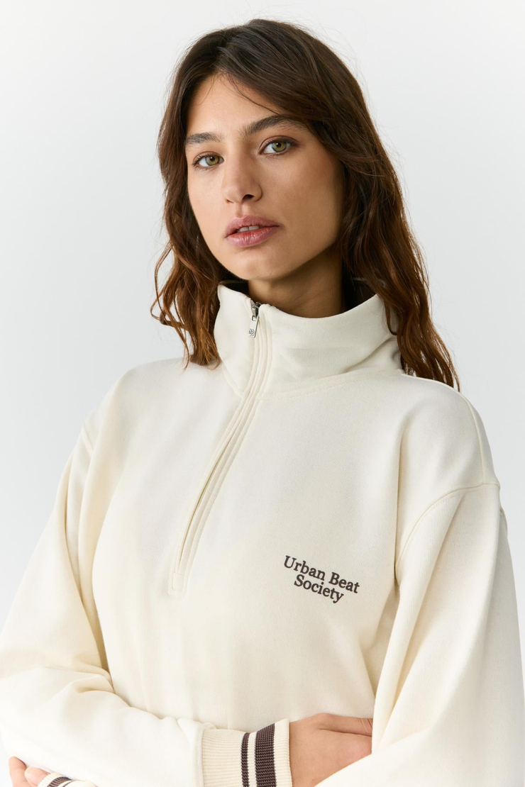 NATAN Kadın Dik Yakalı Fermuarlı Baskı Detaylı Relaxed Ekru Sweatshirt