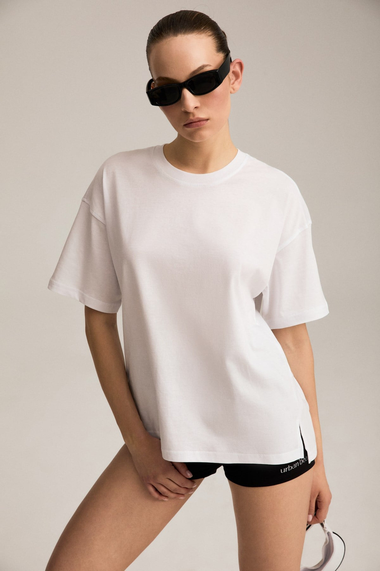 NAYSA Kadın %100 Organik Pamuk Relaxed Fit Yırtmaçlı Yuvarlak Yakalı Beyaz T-Shirt