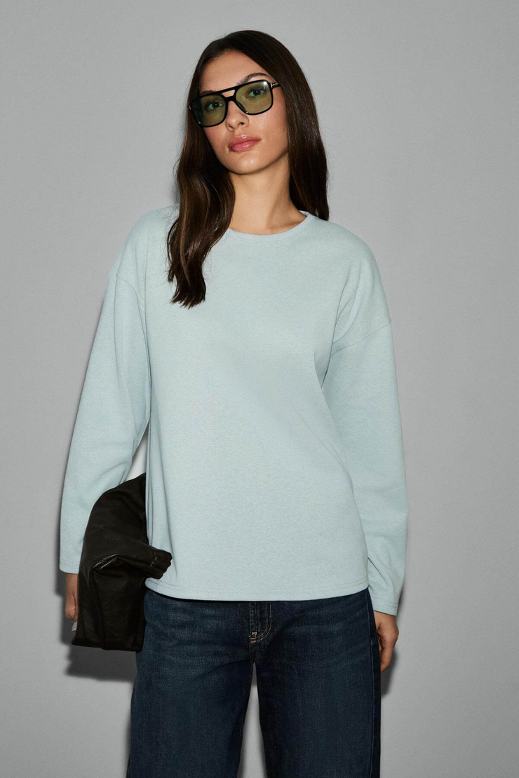 NEAT Kadın Organik Pamuklu Bisiklet Yaka Oversize Fit Uzun Kollu Gri T-Shirt
