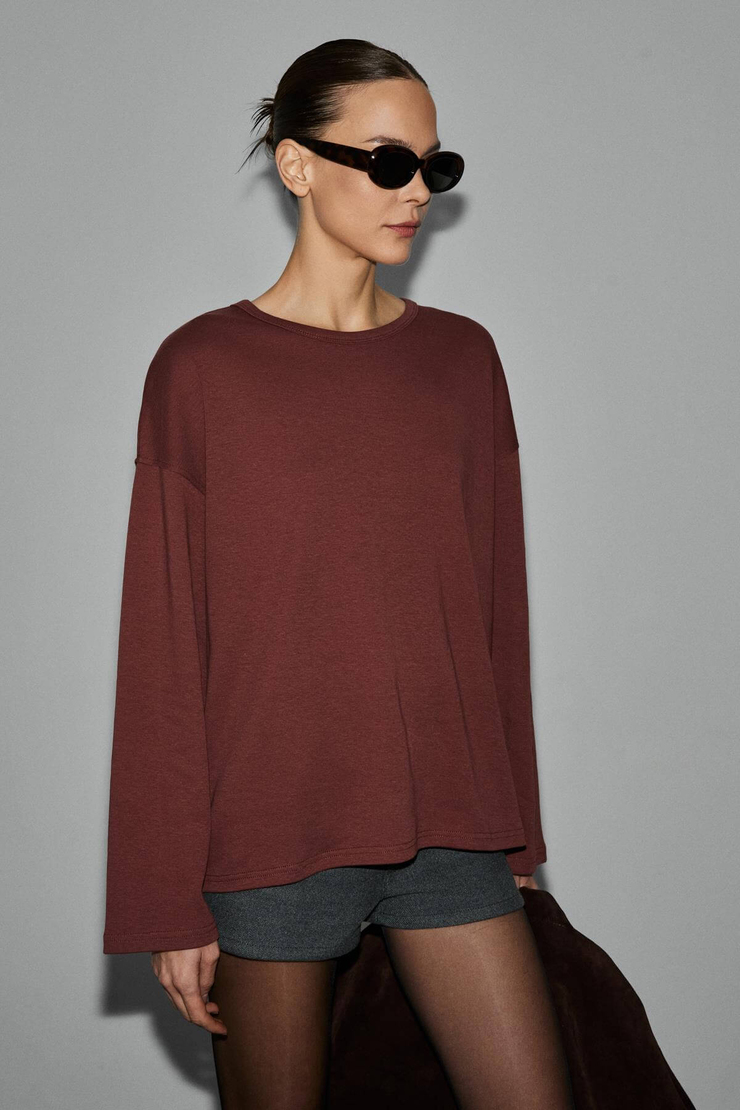 NEAT Kadın Organik Pamuklu Bisiklet Yaka Oversize Fit Uzun Kollu Kiremit Rengi T-Shirt