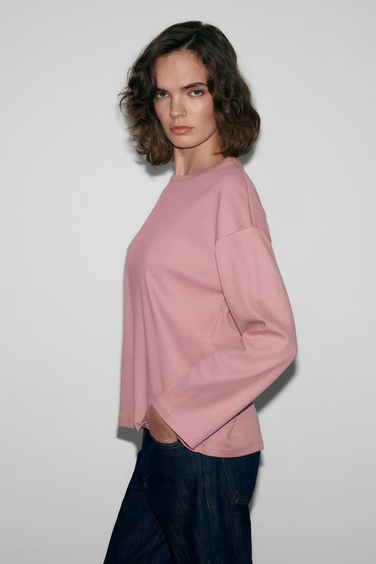 NEAT Kadın Organik Pamuklu Bisiklet Yaka Oversize Fit Uzun Kollu Pembe T-Shirt