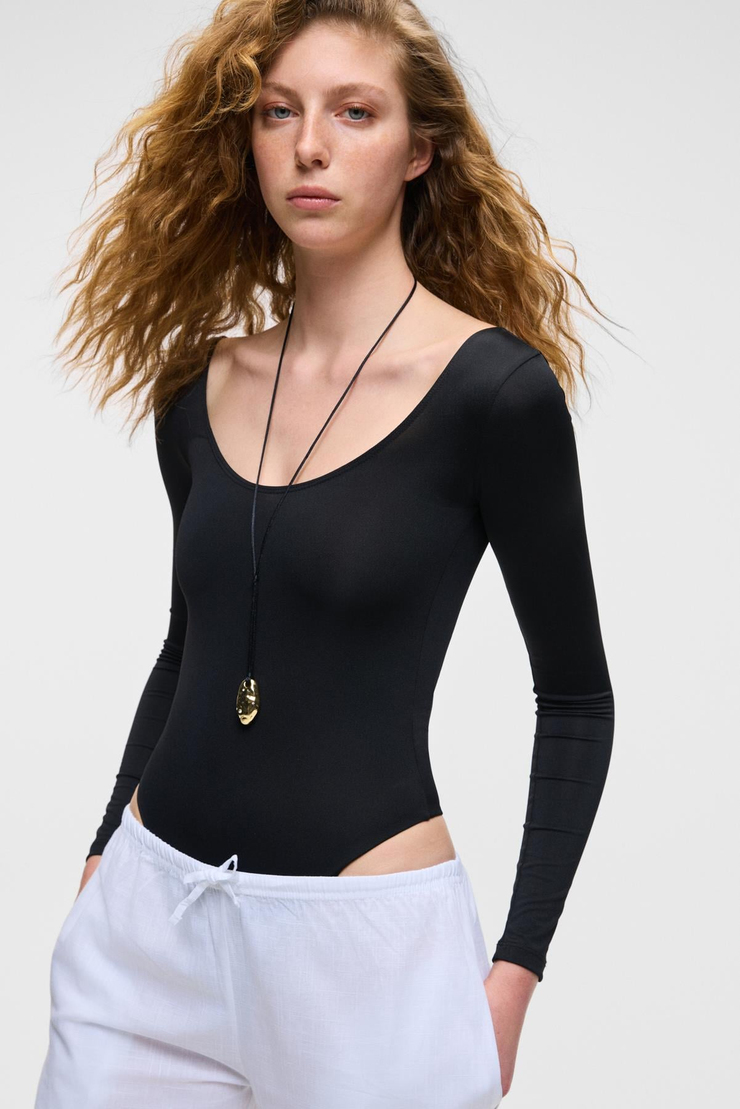 NEILGEN Kadın Slim Havuz Yaka Çıtçıtlı İnce Uzun Siyah Bodysuit