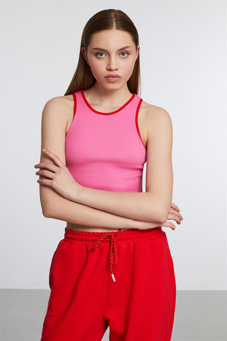 NEMTO Kadın Pembe Düz Renk Halter Yaka Crop Fit Büstiyer