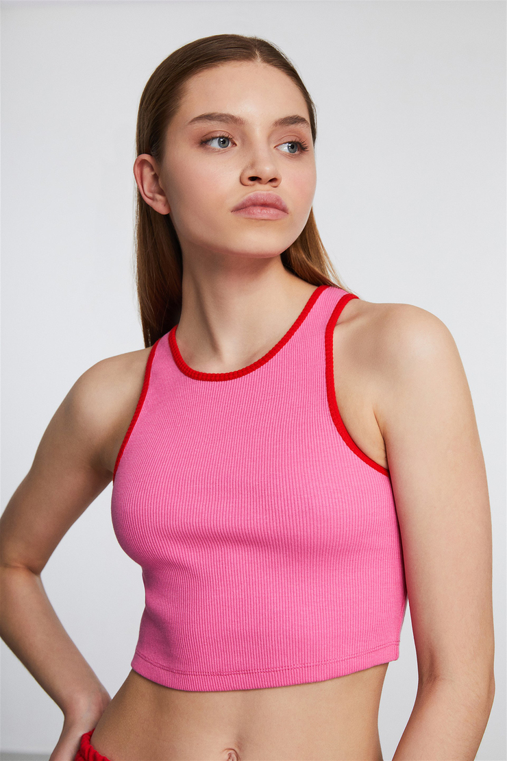 NEMTO Kadın Pembe Düz Renk Halter Yaka Crop Fit Büstiyer